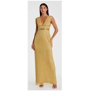 NWT Mac Duggal Gold Beaded Cap Sleeve V Neck 5625 Column Gown